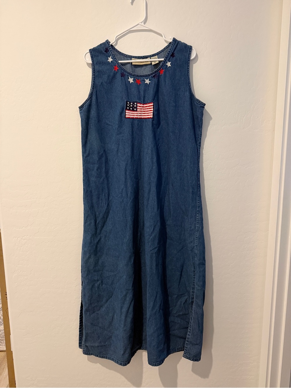 Vintage Sleeveless Denim Dress with American Flag Embroidery